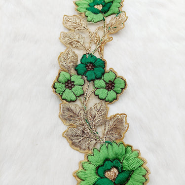 Green and Gold Floral Embroidered Trim, Tissue Fabric Cutwork Lace Flowers Embroidery, Floral Sari Trimming